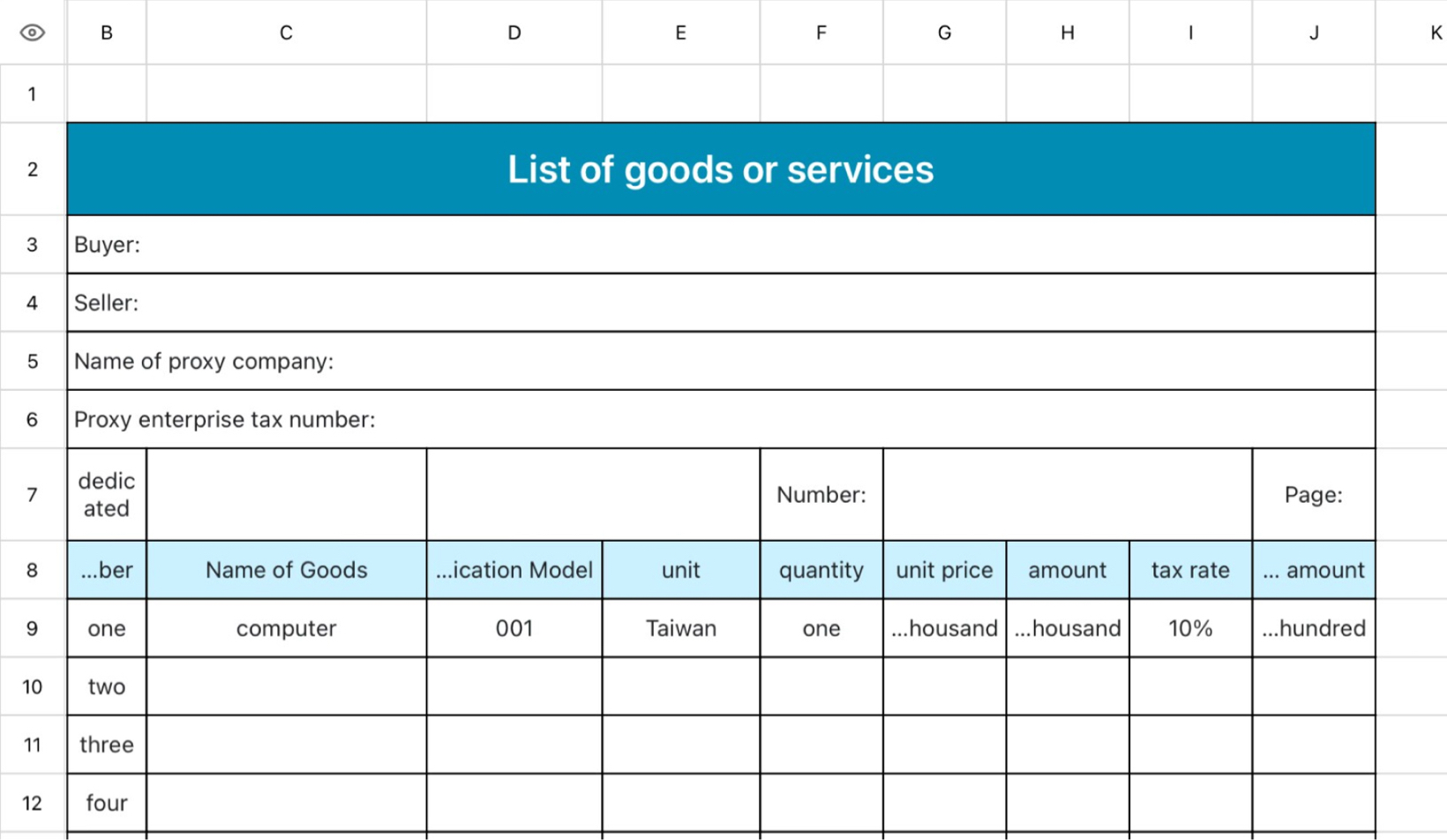 List of goods or services